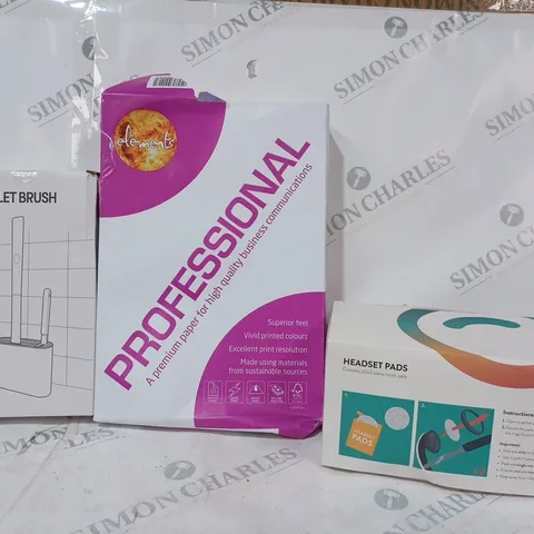 BOX OF APPROXIMATELY 20 ASSORTED HOUSEHOLD ITEMS TO INCLUDE FLOW HEADSET PADS, ELEMENTS PAPER, TPR TOILET BRUSH, ETC