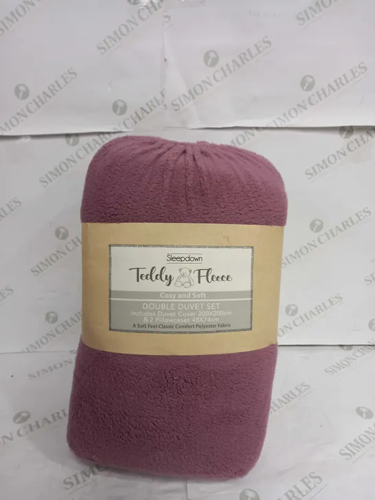 SLEEPDOWN TEDDY FLEECE MAUVE THERMAL WARM COSY SUPER SOFT DUVET COVER QUILT BEDDING SET WITH PILLOW CASES - DOUBLE (200CM X 200CM)