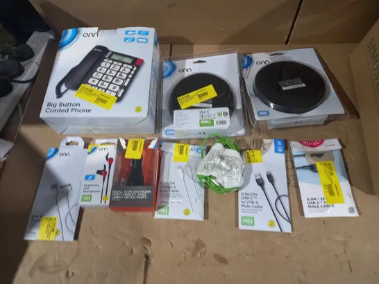 LOT OF 10 ASSORTED TECH ITEMS SUCH AS LANDLINE PHONE, CD PLAYERS, CHARGING CABLES ETC