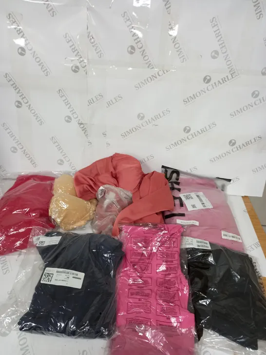 LARGE BOX OF ASSORTED CLOTHING ITEMS IN VARIOUS COLOURS AND SIZES INCLUDING TROUSERS , TOPS AND JUMPERS 