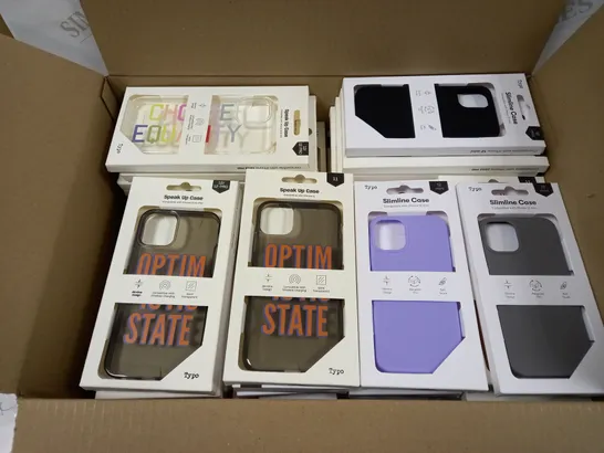 BOX OF APPROXIMATELY 60 TYPO PHONES CASES ('SLIMLINE CASE' & 'SPEAK UP CASE') FOR IPHONE 11, 12 MINI, 12/12PRO IN VARYING COLOURS