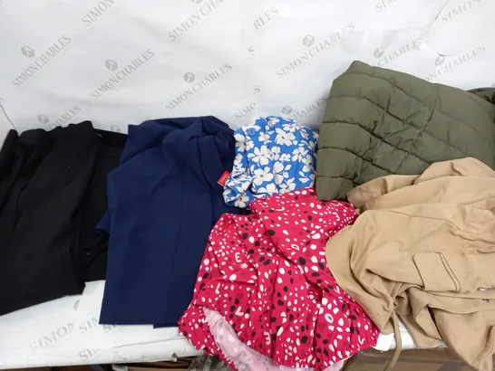 LARGE BOX OF ASSORTED CLOTHING ITEMS TOO INCLUDE TOPS , DRESSES AND BLAZERS COMING IN DIFFERENT COLOURS AND SIZES 