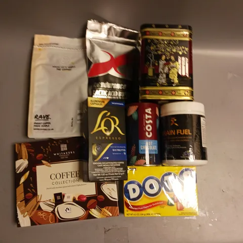 BOX OF APPROX 12 ASSORTED FOOD ITEMS TO INCLUDE - COSTA HOT CHOCOLATE - BRAIN FUEL MUSHROOM BLEAND - RAVE COFFEE ETC