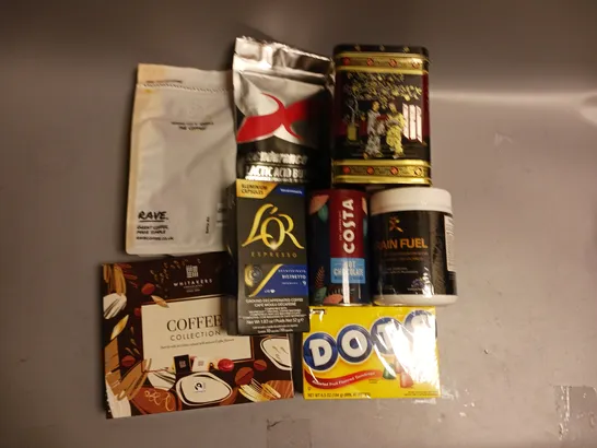 BOX OF APPROX 12 ASSORTED FOOD ITEMS TO INCLUDE - COSTA HOT CHOCOLATE - BRAIN FUEL MUSHROOM BLEAND - RAVE COFFEE ETC