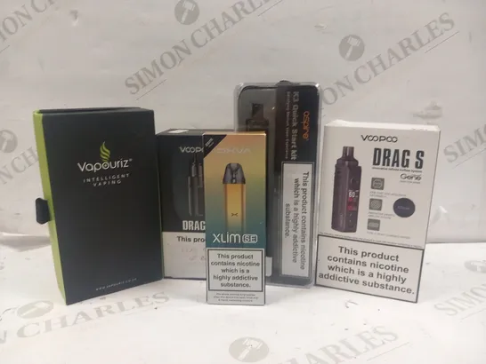 APPROXIMATELY 5 BOXED VAPING PRODUCTS TO INCLUDE; VOOPOO DRAG S, ASPIRE K3 QUICK START KIT, OXVA XLIM SE, VOOPOO DRAG Q AND VAPOURIZ