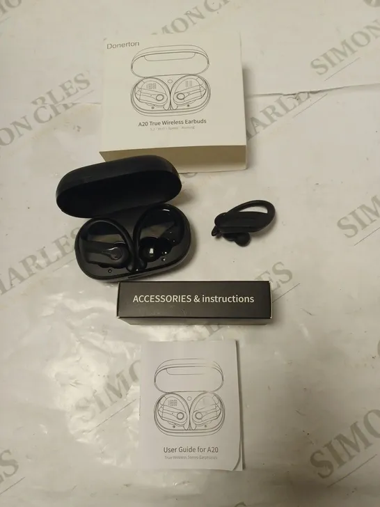 BOXED DONERTON A20 TRUE WIRELESS EARBUDS WITH CHARGING DOCK, USER GUIDE AND USB CABLE