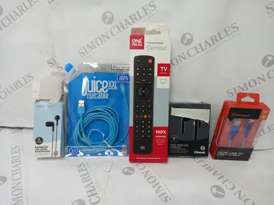 BOX OF APPROXIMATELY 30 ASSORTED ELECTRICALS TO INCLUDE ONE FOR ALL REMOTE, TRUE WIRELESS EARBUDS, BLACKWEB CABLES, ETC