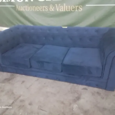 DESIGNER ASYA CHESTERFIELD THREE SEATER SOFA BLUE PLUSH FABRIC 