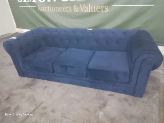 DESIGNER ASYA CHESTERFIELD THREE SEATER SOFA BLUE PLUSH FABRIC 