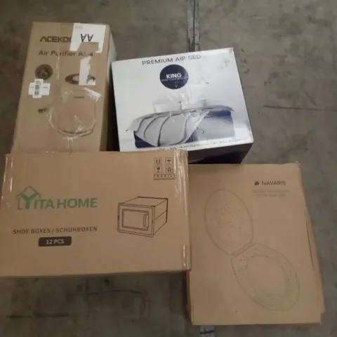 PALLET OF ASSORTED ITEMS INCLUDING ACEKOOL AIR PURIFIER, LYITA HOME SHOE BOXES, GETFIT PREMIUM KING AIR BED, NAVARIS GLITTER TOILET SEAT, STORAGE DRAWERS