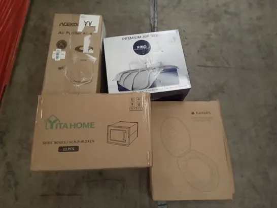 PALLET OF ASSORTED ITEMS INCLUDING ACEKOOL AIR PURIFIER, LYITA HOME SHOE BOXES, GETFIT PREMIUM KING AIR BED, NAVARIS GLITTER TOILET SEAT, STORAGE DRAWERS