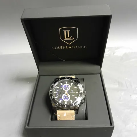 MENS LOUIS LACOMBE CHRONOGRAPH WATCH – 3 SUB DIALS – BLACK CASE – LEATHER STRAP