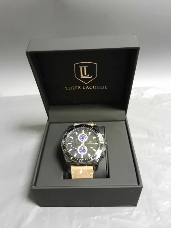 MENS LOUIS LACOMBE CHRONOGRAPH WATCH – 3 SUB DIALS – BLACK CASE – LEATHER STRAP