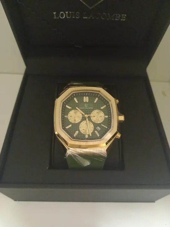 MENS LOUIS LACOMBE CHRONGRAPH WATCH – 3 SUB DIALS – GOLD COLOUR CASE – GREEN RUBBER STRAP – EST £375