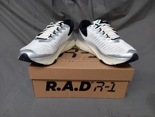 BOXED PAIR OF R.A.D. R-1 SHOES IN WHITE/METALLIC SILVER/GREEN UK SIZE 8