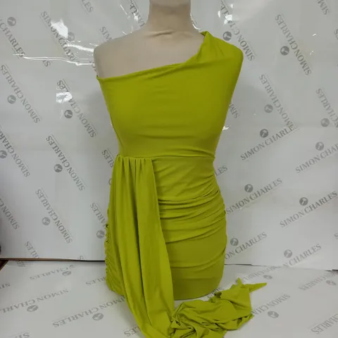 CLUB L ONE SHOULDER RUCHED MINI DRESS WITH STATEMENT DRAPE IN LIME GREEN - UK SIZE 8