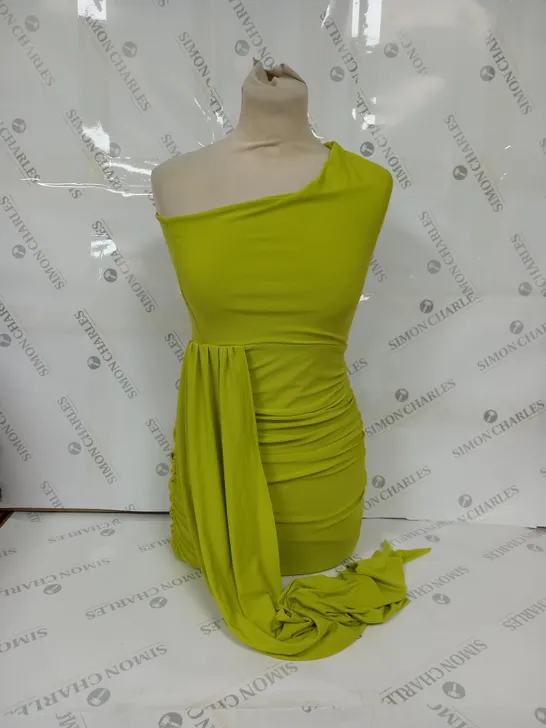 CLUB L ONE SHOULDER RUCHED MINI DRESS WITH STATEMENT DRAPE IN LIME GREEN - UK SIZE 8