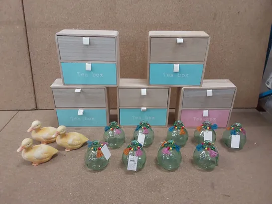 BOX TO CONTAIN AN ASSORTMENT OF HOUSEHOLD PRODUCTS INCLUDING; TEA BOXES, DECORATIVE DUCKS, CANDLE HOLDERS