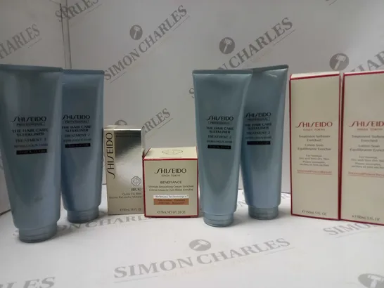 BOX OF APPROX 10 ASSORTED SHISEIDO PRODUCTS TO INCLUDE THE HAIRCARE TREATMENT 2, WRINKLE SMOOTHING CREAM, TREATMENT SOFTENER, ETC 