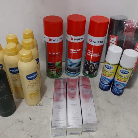 TWO TOTES OF ASSORTED AEROSOLS INCLUDING, WURTH & MOTUL VEHICLE CARE PRODUCTS, VASELINE INTENSIVE CARE BODY LOTION, SCHOLL ATHELETES FOOT SPRAY, DOVE DEODORANT, 1001 CARPET CLEANER, GLADE AIR REFILS, 