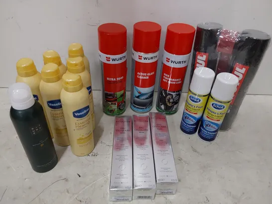 TWO TOTES OF ASSORTED AEROSOLS INCLUDING, WURTH & MOTUL VEHICLE CARE PRODUCTS, VASELINE INTENSIVE CARE BODY LOTION, SCHOLL ATHELETES FOOT SPRAY, DOVE DEODORANT, 1001 CARPET CLEANER, GLADE AIR REFILS, 