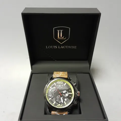 BOXED LOUIS LACOMBE CHRONOGRAPH WATCH WITH 3 SUBDIALS & LEATHER STRAP