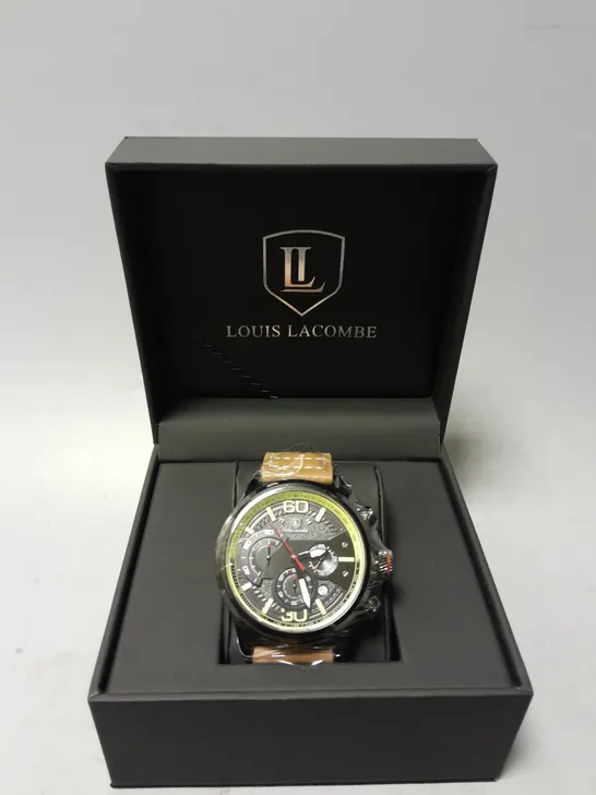 BOXED LOUIS LACOMBE CHRONOGRAPH WATCH WITH 3 SUBDIALS & LEATHER STRAP