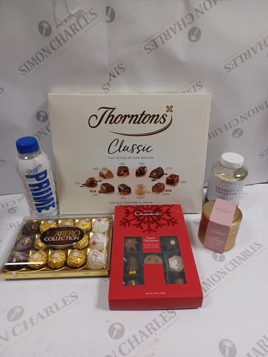 APPROXIMATELY 10 ASSORTED FOOD & DRINK PRODUCTS TO INCLUDE PRIME HYDRATION DRINK, THORNTONS CLASSIC SELECTION, FERRERO COLLECTION ETC 