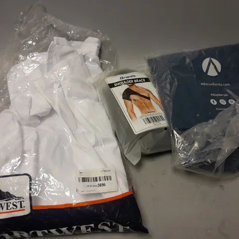 APPROXIMATELY 10 ASSORTED PIECES OF CLOTHING TO INCLUDE CHEF JACKET, TOPS, SHOULDER BRACE, ETC