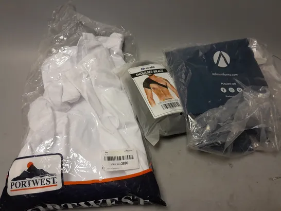 APPROXIMATELY 10 ASSORTED PIECES OF CLOTHING TO INCLUDE CHEF JACKET, TOPS, SHOULDER BRACE, ETC