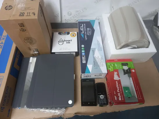 LOT OF APPROXIMATELY 14 ASSORTED ITEMS TO INCLUDE MULTI POSITION MONITOR STANDS, TONER CARTRIDGES, TABLET CASES AND YARDFORCE MOWER AND TRIMMER