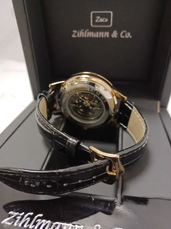 ZIHLMANN & CO GOLD EFFECT SKELETON BLACK LEATHER STRAP WRISTWATCH