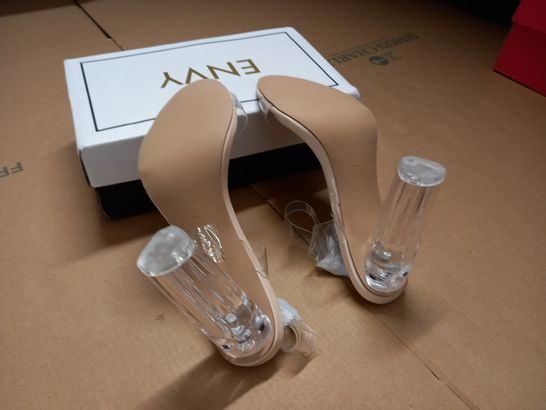 boxed pair of envy perspex barely there clear nude block heeled shoes - uk 4