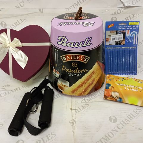 LOT OF APPROXIMATELY 10 HOUSEHOLD AND GIFT PRODUCTS TO INCLUDE BIRTHDAY BALLOONS, SINK CLEANER PIPES, BAILEYS PANDORO