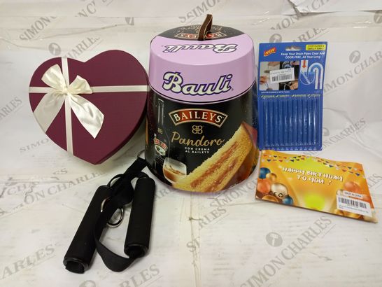 LOT OF APPROXIMATELY 10 HOUSEHOLD AND GIFT PRODUCTS TO INCLUDE BIRTHDAY BALLOONS, SINK CLEANER PIPES, BAILEYS PANDORO