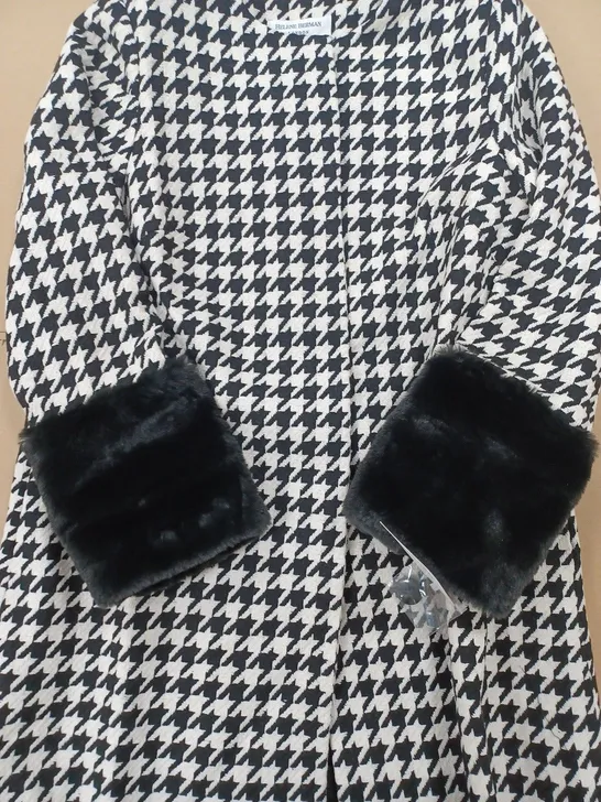 HELENE BERMAN COLLARLESS HOUNDSTOOTH FAUX FUR CUFF COAT BLACK/WHITE SIZE 12