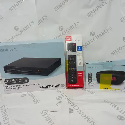 APPROXIMATELY 20 ASSORTED ITEMS TO INCLUDE DVD PLAYER, UNIVERSAL REMOTE, ALARM CLOCK ETC. 