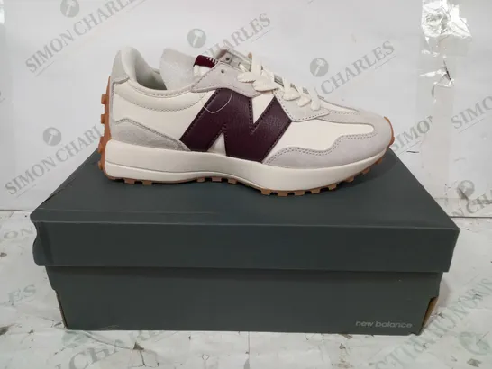 BOXED PAIR OF NEW BALANCE 327 SHOES IN CREAM/BROWN UK SIZE 6.5