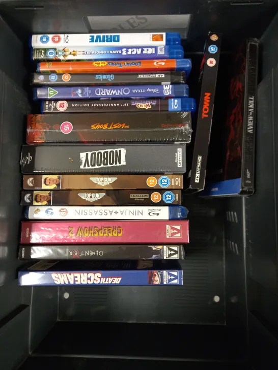 BOX OF APPROXIMATELY 15 ASSORTED DVDS & BLU RAYS TO INCLUDE DRIVE, A VIEW TO A KILL, THE GOONIES ETC