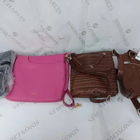 BOX OF ASSORTED DESIGNER BAGS TO INCLUDE RADLEY AND ASH IN PINK, BLACK, AND BROWN 