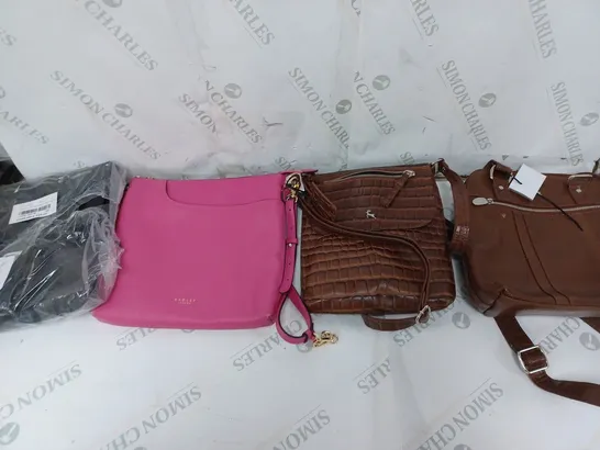 BOX OF ASSORTED DESIGNER BAGS TO INCLUDE RADLEY AND ASH IN PINK, BLACK, AND BROWN 