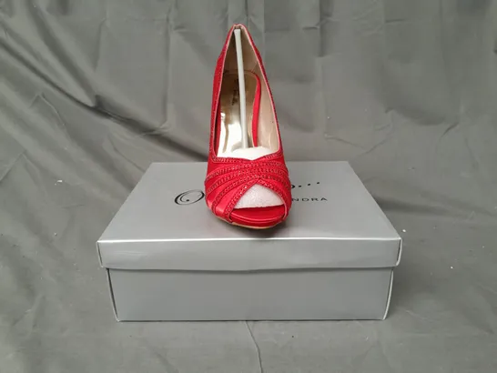 BOX OF APPROXIMATELY 10 BOXED PAIRS OF OCCASIONS BY CASANDRA PEEP TOE HIGH HEEL SHOES IN RED SATIN W. JEWEL EFFECT - VARIOUS SIZES