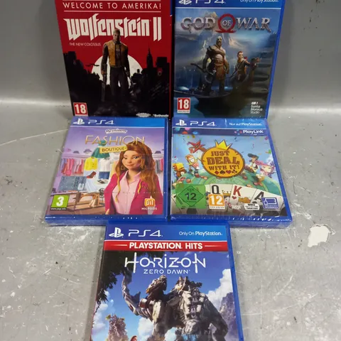 5 X ASSORTED PS4 VIDEO GAMES TO INCLUDE HORIZON ZERO DAWN, GOD OF WAR, WOLFENSTEIN II ETC 