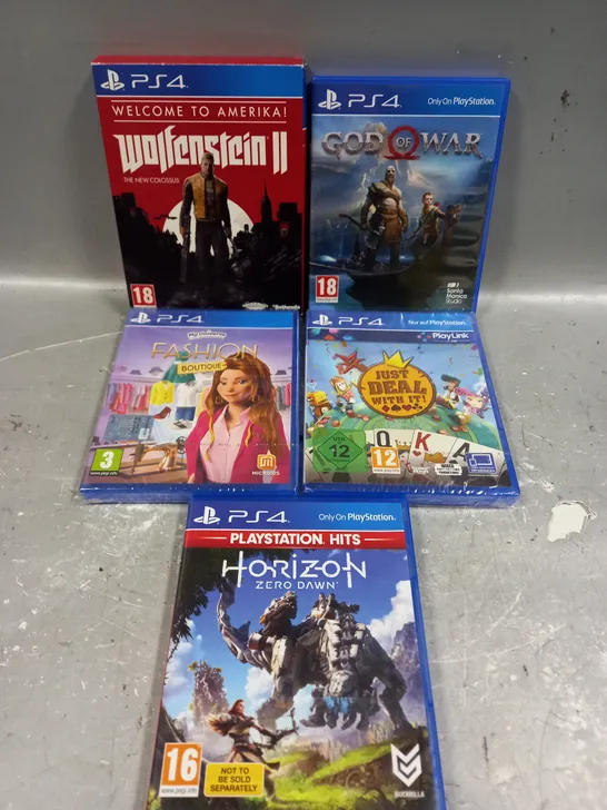 5 X ASSORTED PS4 VIDEO GAMES TO INCLUDE HORIZON ZERO DAWN, GOD OF WAR, WOLFENSTEIN II ETC 