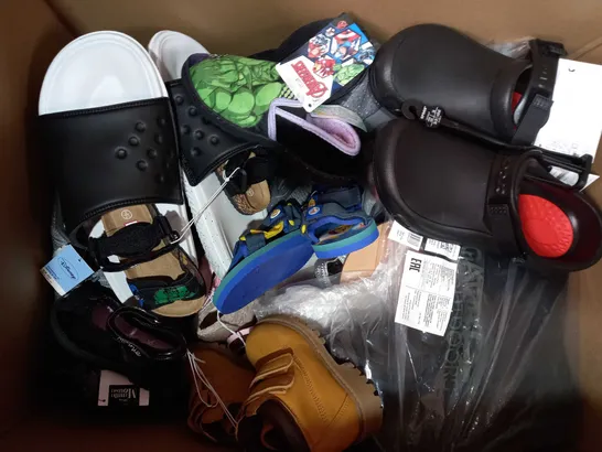 BOX OF APPROXIMATELY 15 ASSORTED PAIRS OF SHOES AND FOOTWEAR ITEMS IN VARIOUS STYLES AND SIZES TO INCLUDE DUNLOP, NEWDENBER, BOOHOO, ETC