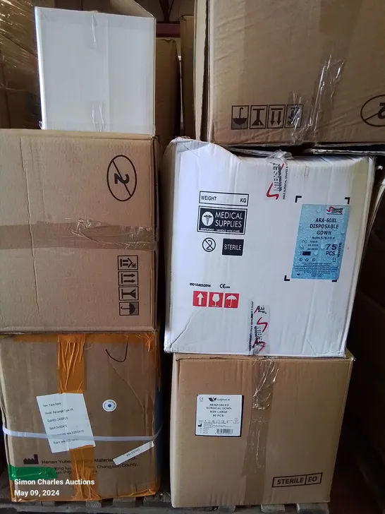 PALLET OF APPROXIMATELY 550 ASSORTED BRAND NEW MEDICAL ITEMS TO INCLUDE - DISPACK REINFORCED SURGICAL GOWNS LARGE - POWDER FREE GLOVES SMALL - 20 PACKS OF FACE MASKS ETC 