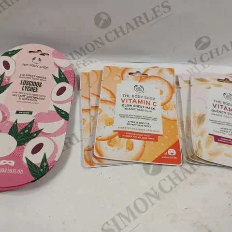 BOX OF APPROX 15 ASSORTED THE BODY SHOP FACE MASKS TO INCLUDE EYE SHEET MASKS, VITAMIN C GLOW SHEET MASKS, VITAMIN D QUENCH SHEET MASKS