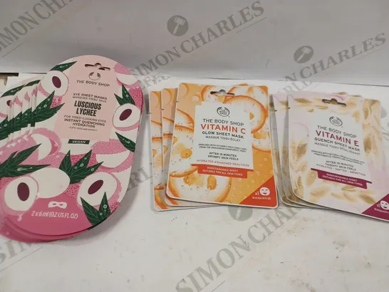 BOX OF APPROX 15 ASSORTED THE BODY SHOP FACE MASKS TO INCLUDE EYE SHEET MASKS, VITAMIN C GLOW SHEET MASKS, VITAMIN D QUENCH SHEET MASKS