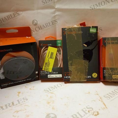 LOT OF 4 ASSORTED BLACK WEB ITEMS TO INCLUDE WIRELESS CHARGING PAD, CHARGE CABLE, HDMI SELECTOR