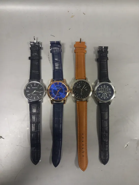 FOUR ASSORTED WATCHES IN VARIOUS STYLES TO INCLUDE MODIYA, AND YAZOLE